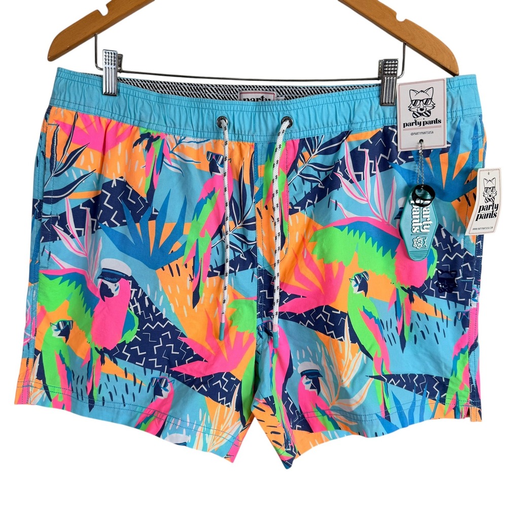 Party Pants Captain Swim Trunks Board Shorts Mens XL Light Blue Parrot Tropical‎